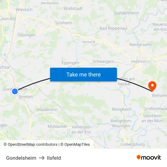 Gondelsheim to Ilsfeld map
