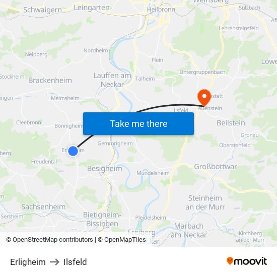 Erligheim to Ilsfeld map