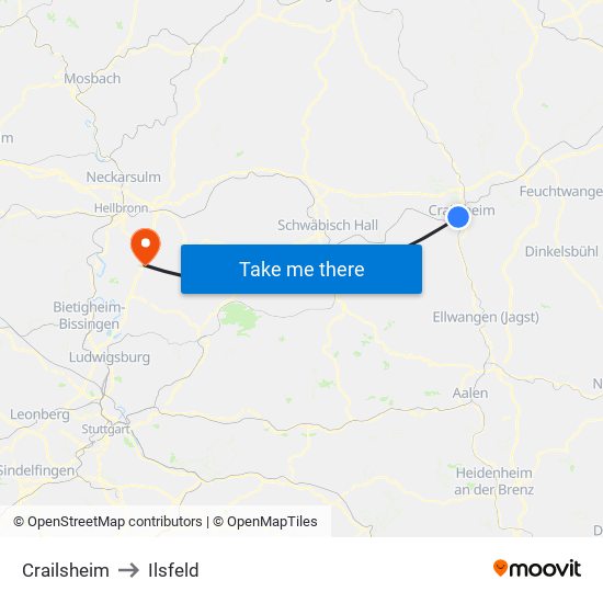 Crailsheim to Ilsfeld map