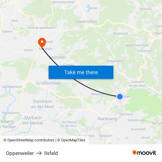 Oppenweiler to Ilsfeld map