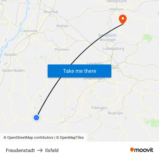 Freudenstadt to Ilsfeld map