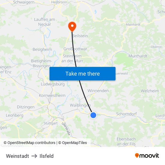 Weinstadt to Ilsfeld map