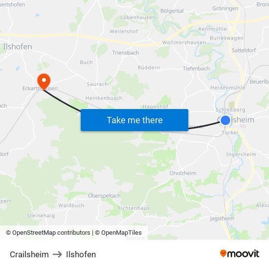 Crailsheim to Ilshofen map