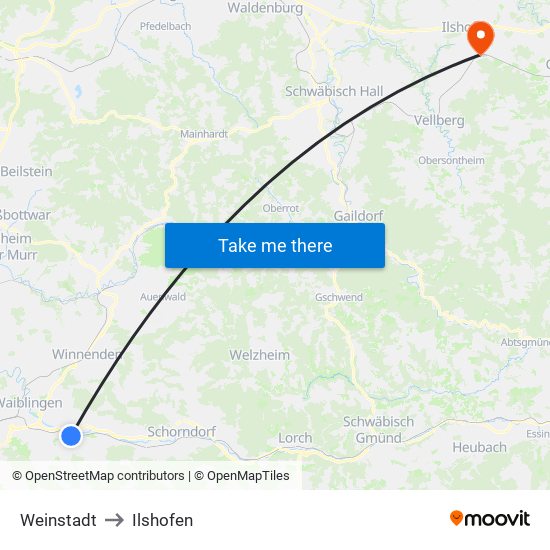 Weinstadt to Ilshofen map