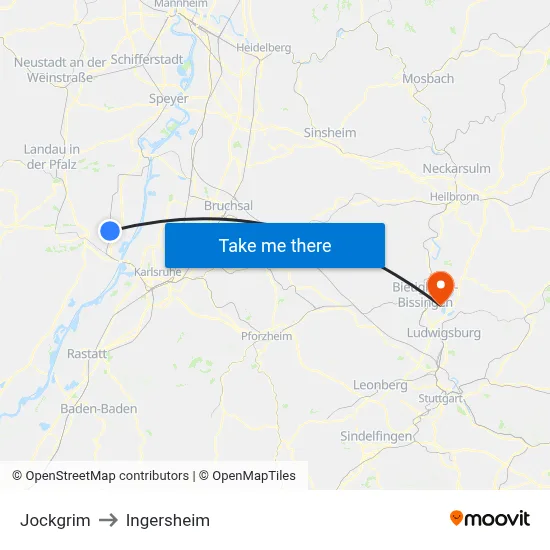 Jockgrim to Ingersheim map