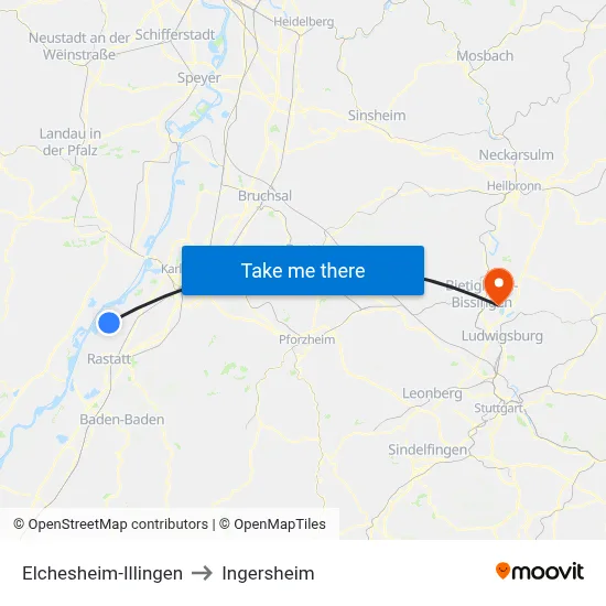 Elchesheim-Illingen to Ingersheim map