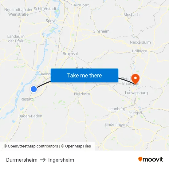 Durmersheim to Ingersheim map