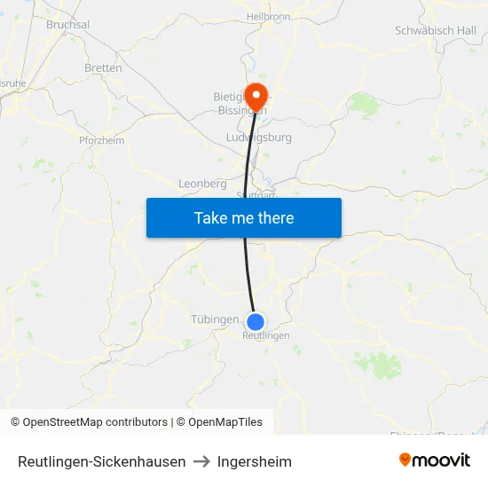 Reutlingen-Sickenhausen to Ingersheim map