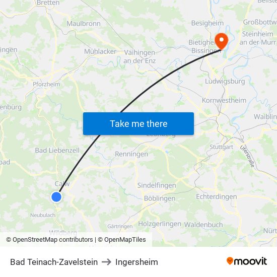 Bad Teinach-Zavelstein to Ingersheim map