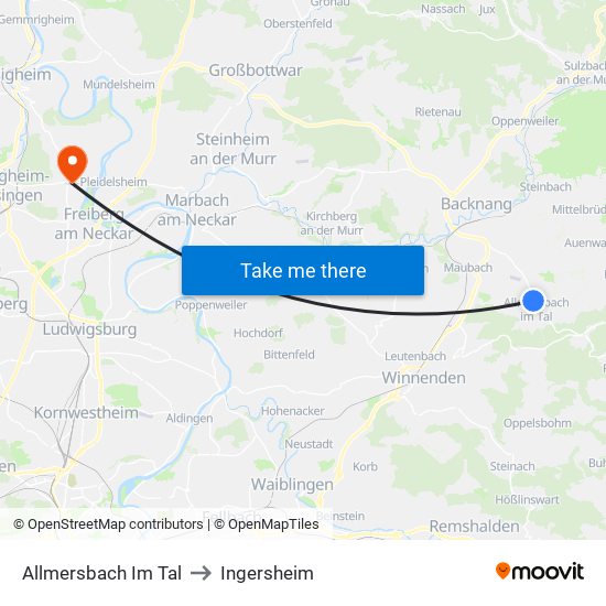 Allmersbach Im Tal to Ingersheim map