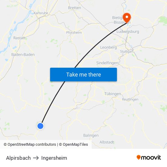 Alpirsbach to Ingersheim map