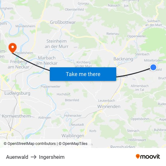 Auenwald to Ingersheim map
