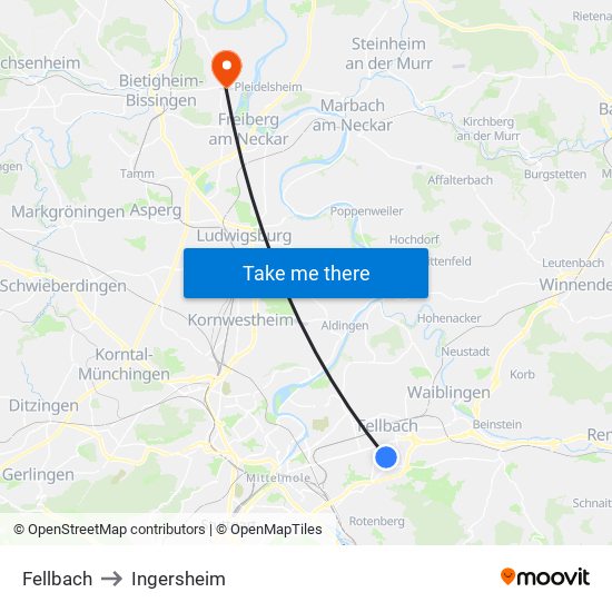 Fellbach to Ingersheim map