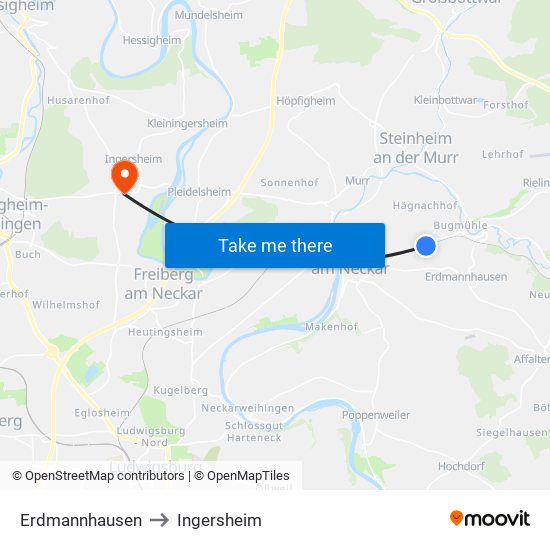 Erdmannhausen to Ingersheim map