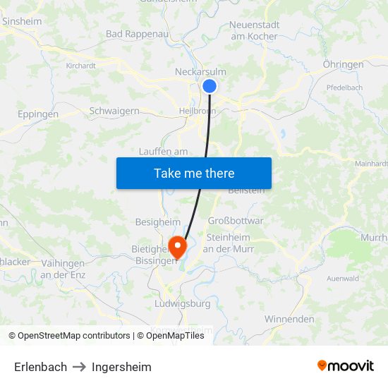 Erlenbach to Ingersheim map