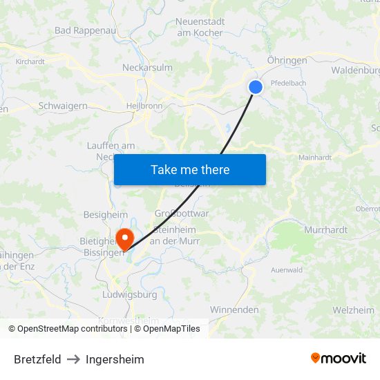 Bretzfeld to Ingersheim map