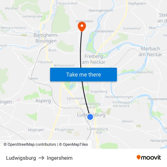 Ludwigsburg to Ingersheim map