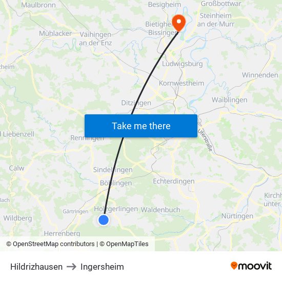 Hildrizhausen to Ingersheim map