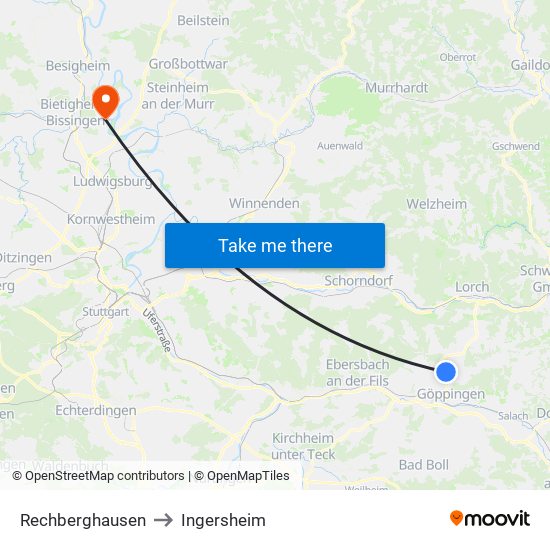 Rechberghausen to Ingersheim map