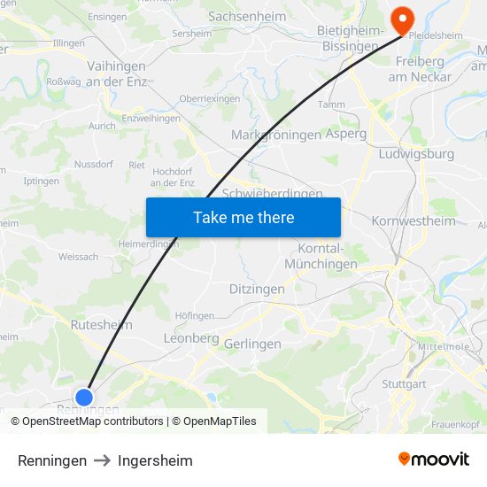 Renningen to Ingersheim map