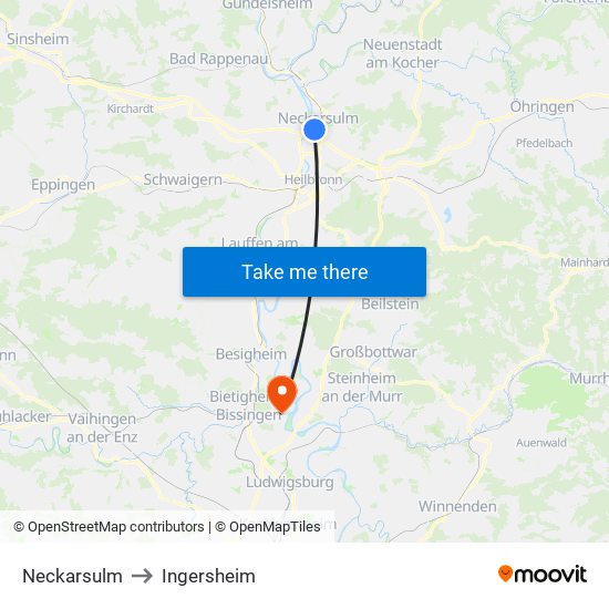 Neckarsulm to Ingersheim map