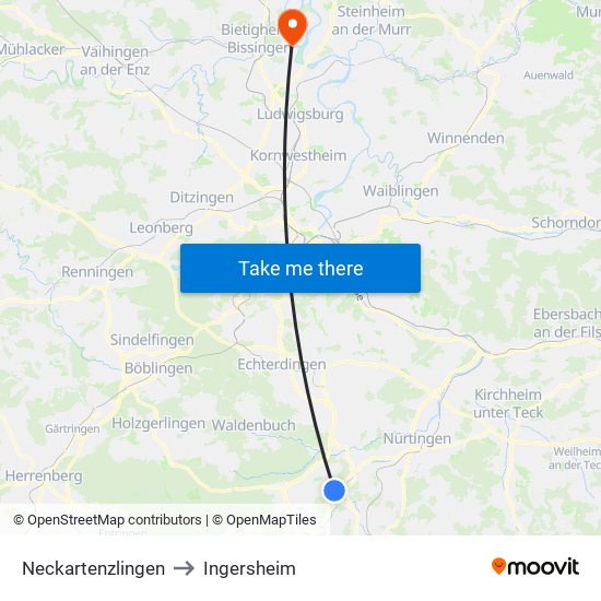 Neckartenzlingen to Ingersheim map