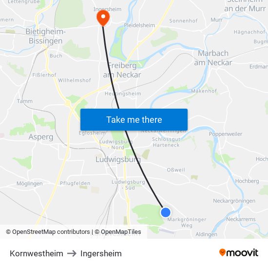 Kornwestheim to Ingersheim map