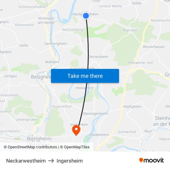 Neckarwestheim to Ingersheim map