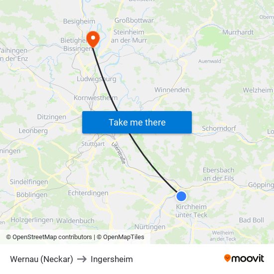 Wernau (Neckar) to Ingersheim map