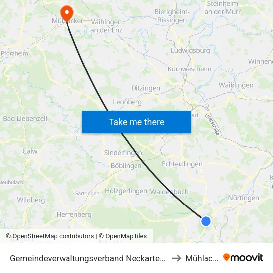 Gemeindeverwaltungsverband Neckartenzlingen to Mühlacker map