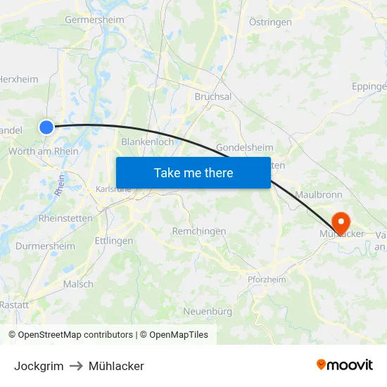 Jockgrim to Mühlacker map