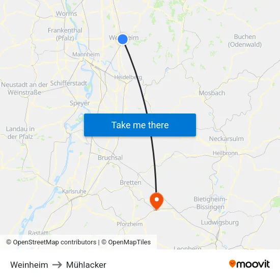 Weinheim to Mühlacker map