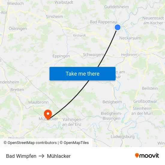 Bad Wimpfen to Mühlacker map
