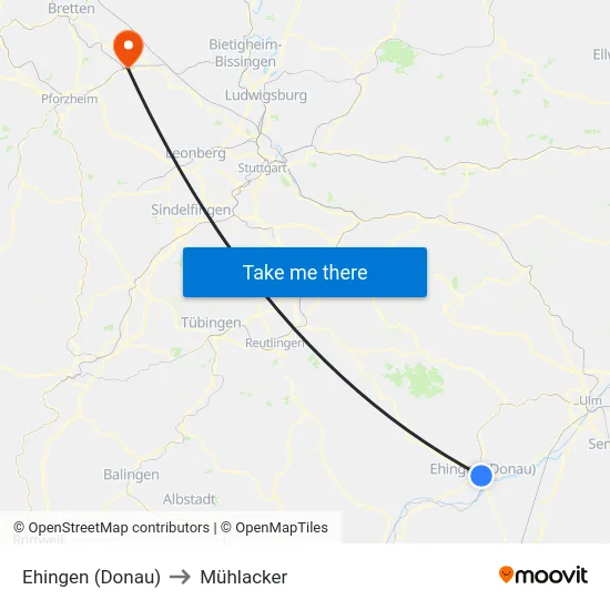 Ehingen (Donau) to Mühlacker map