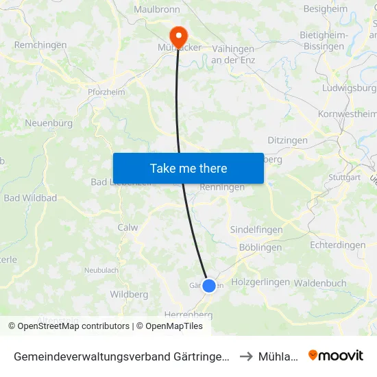Gemeindeverwaltungsverband Gärtringen/Ehningen to Mühlacker map