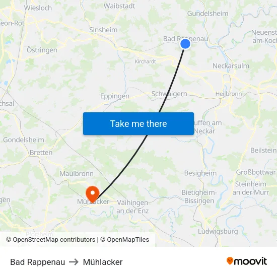 Bad Rappenau to Mühlacker map
