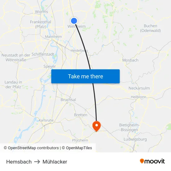 Hemsbach to Mühlacker map