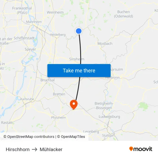 Hirschhorn to Mühlacker map