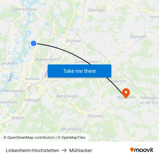 Linkenheim-Hochstetten to Mühlacker map