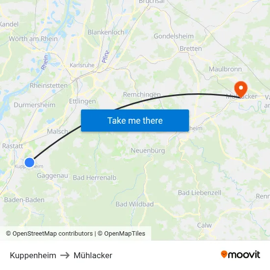 Kuppenheim to Mühlacker map