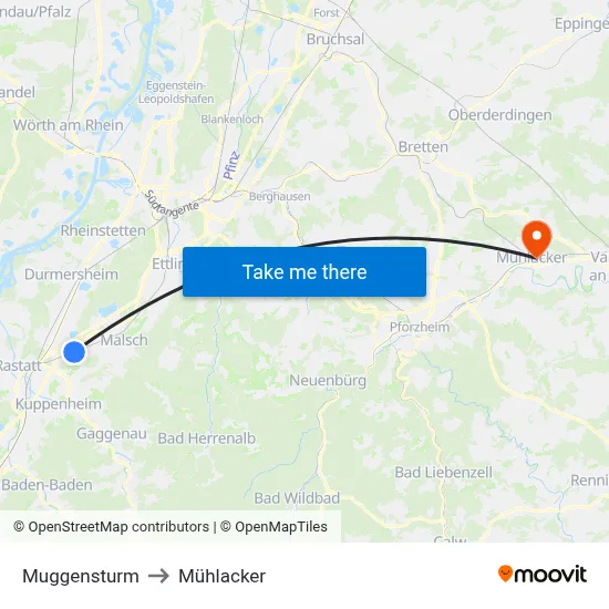 Muggensturm to Mühlacker map