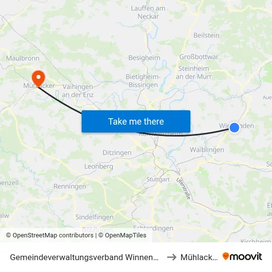 Gemeindeverwaltungsverband Winnenden to Mühlacker map