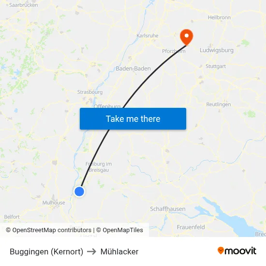 Buggingen (Kernort) to Mühlacker map