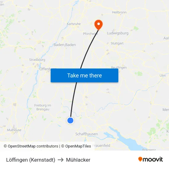 Löffingen (Kernstadt) to Mühlacker map