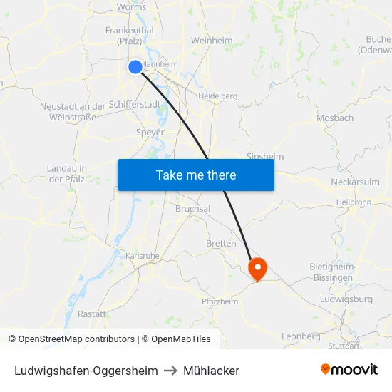 Ludwigshafen-Oggersheim to Mühlacker map