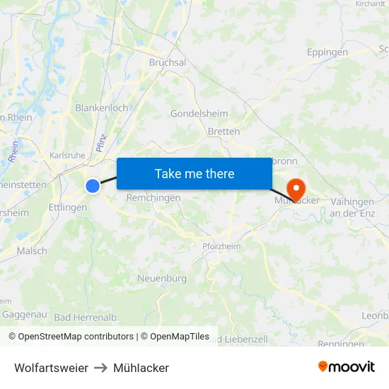 Wolfartsweier to Mühlacker map
