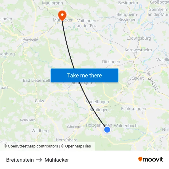Breitenstein to Mühlacker map