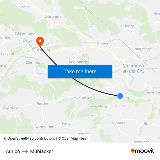 Aurich to Mühlacker map
