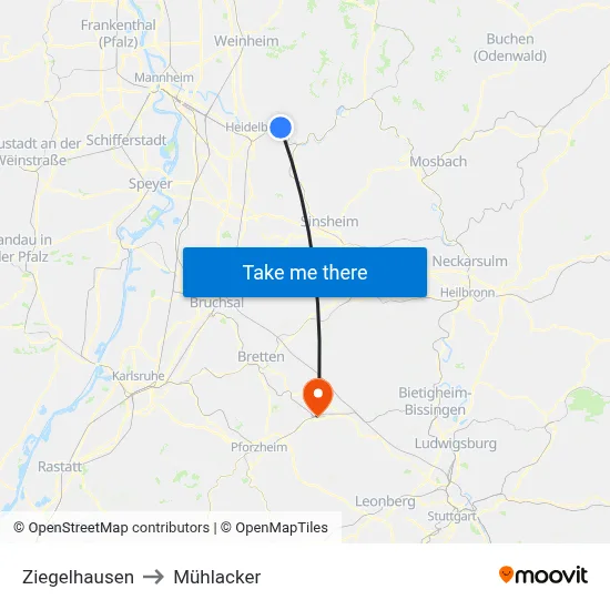 Ziegelhausen to Mühlacker map