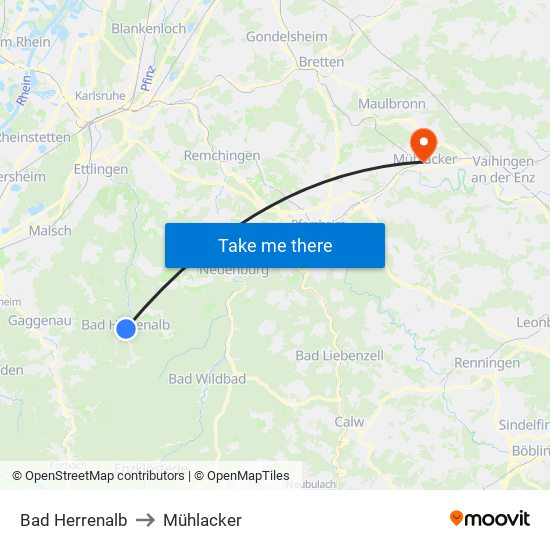 Bad Herrenalb to Mühlacker map